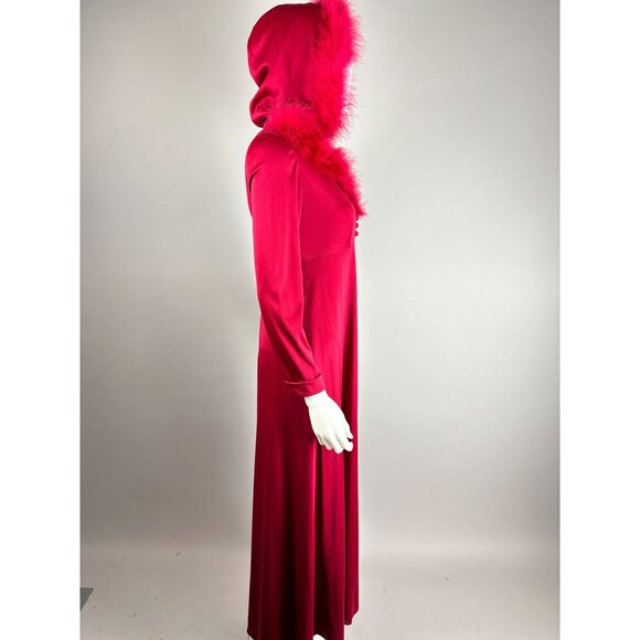 Vtg 70s Maroon Marabou Trim Hooded Robe w/ Maxi Disco Dress Set Size S/M - Picture 4 of 8
